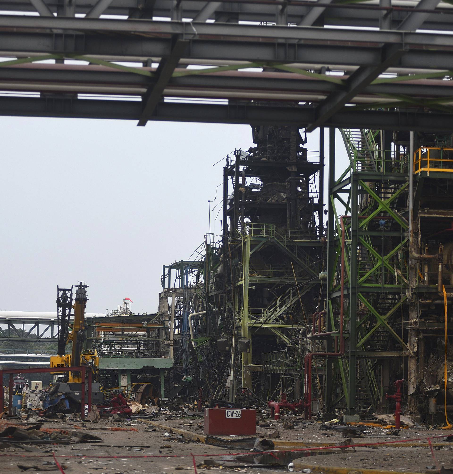 Vew of an area damaged by an explosion at Mexican national oil company Pemex's Pajaritos petrochemical complex in Coatzacoalcos