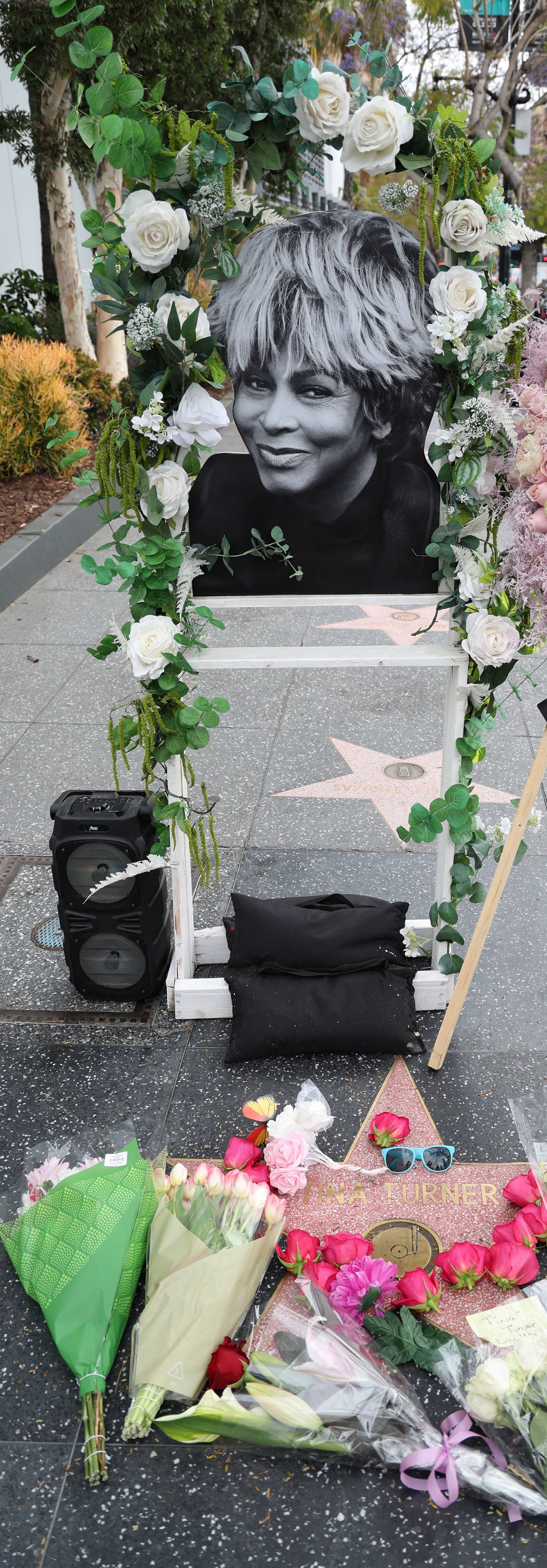 The star of late singer Tina Turner is adorned with flowers on the Hollywood Walk of Fame in Los Angeles