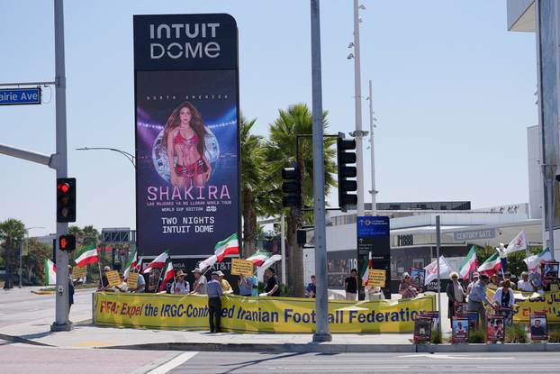 Protest ahead of Iran's first match during the FIFA World Cup 2026, near SoFi Stadium