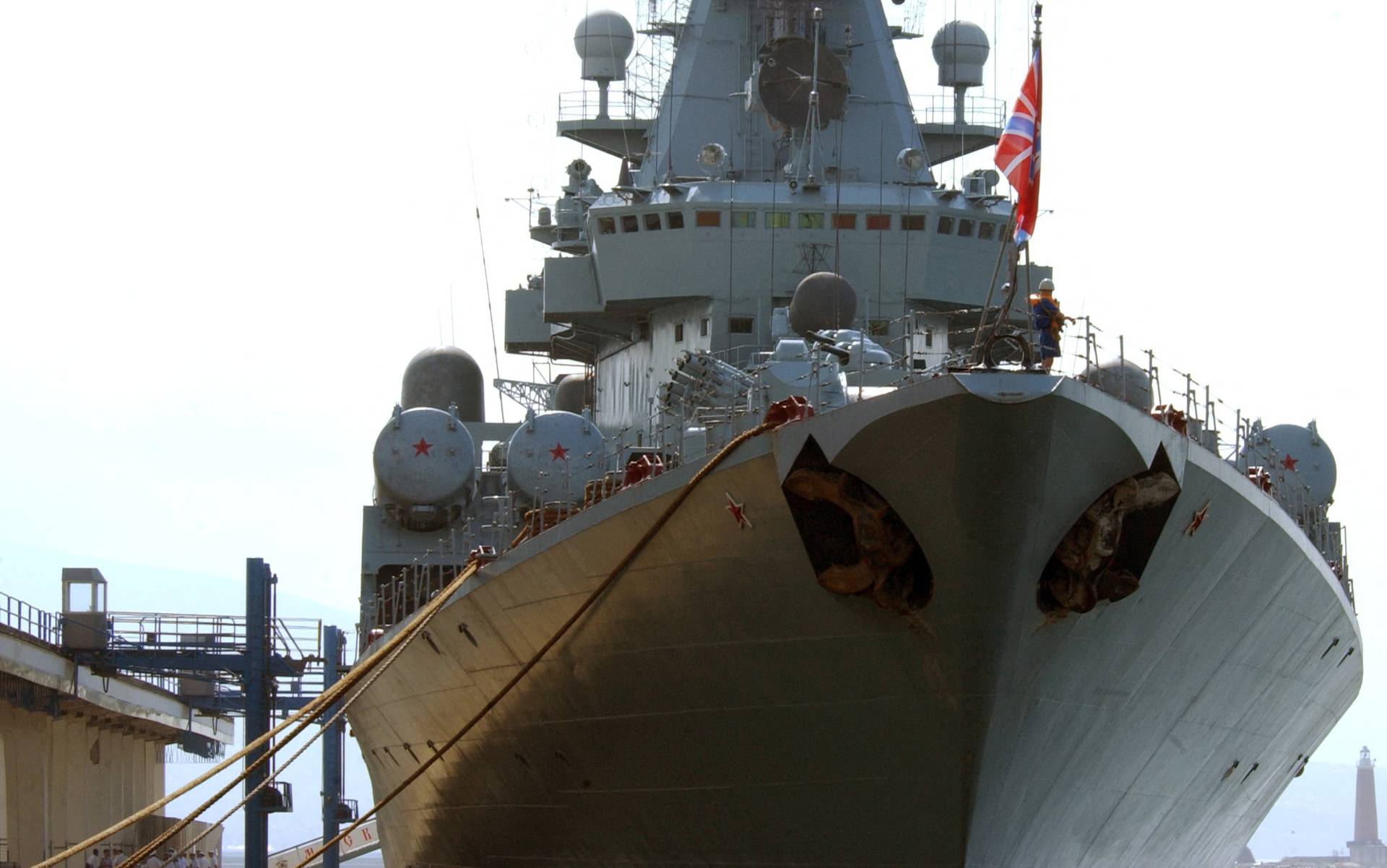 FILE PHOTO: The Russian Federation cruiser Moskva is moored at the Naples civilian port
