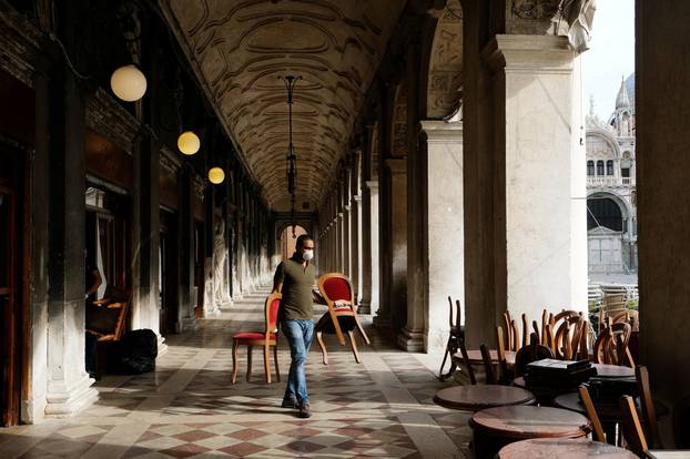 Gran Caffe Chioggia in St Mark Square prepares for its reopening as Italy eases some of the lockdown measures put in place during the coronavirus disease (COVID-19) outbreak in Venice