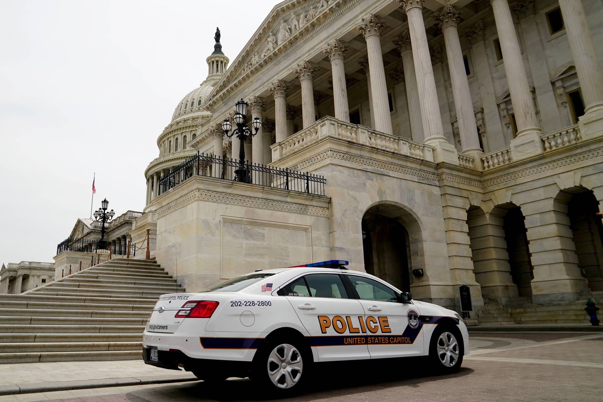 A Capitol Police vehicle parks at the U.S. Capitol in Washington