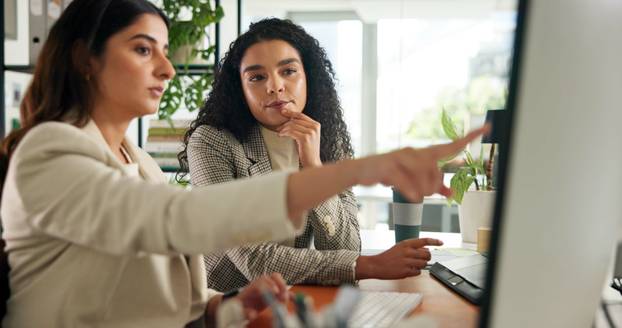 Meeting, creative and business women on computer for planning, online project and copywriting. Publishing agency, professional writers and people on pc for research, feedback and website article