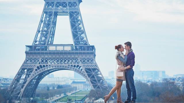 Romantic couple near the Eiffel tower in Paris, France
