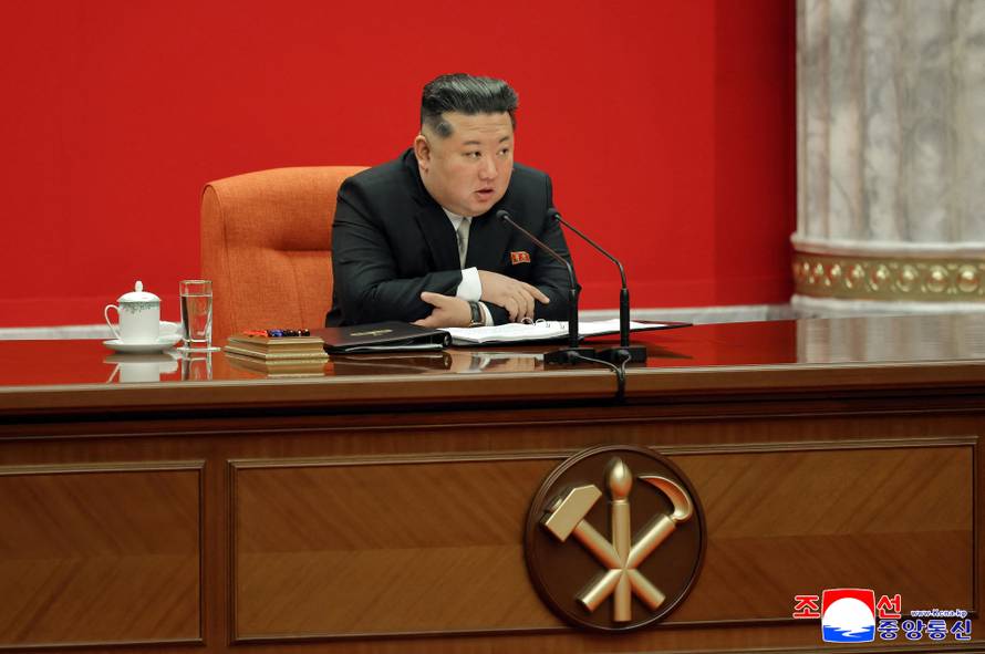 North Korean leader Kim Jong Un speaks during the expanded meeting of the first plenary meeting of the Ninth Central Committee of the Workers' Party of Korea (WPK), in Pyongyang