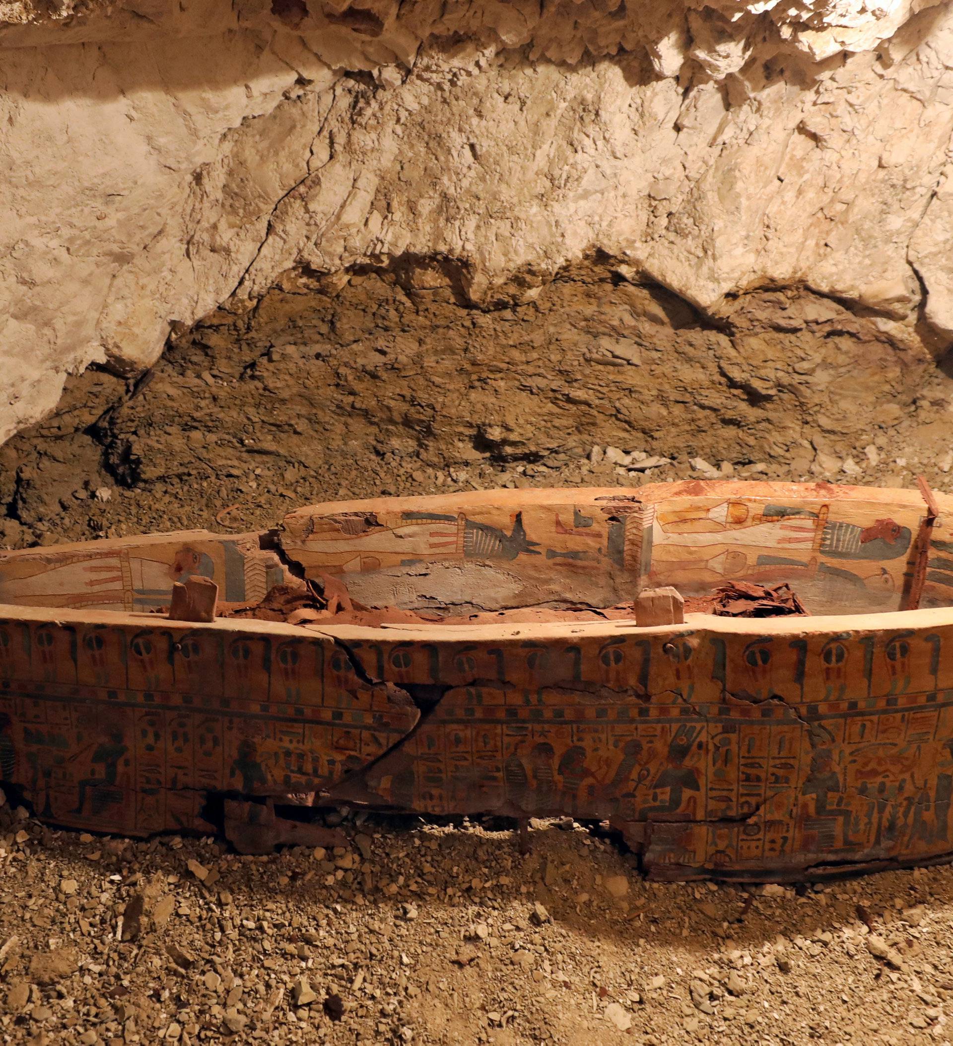 A coffin is seen in the recently discovered tomb of Amenemhat, a goldsmith from the New Kingdom, at the Draa Abu-el Naga necropolis near the Nile city of Luxor