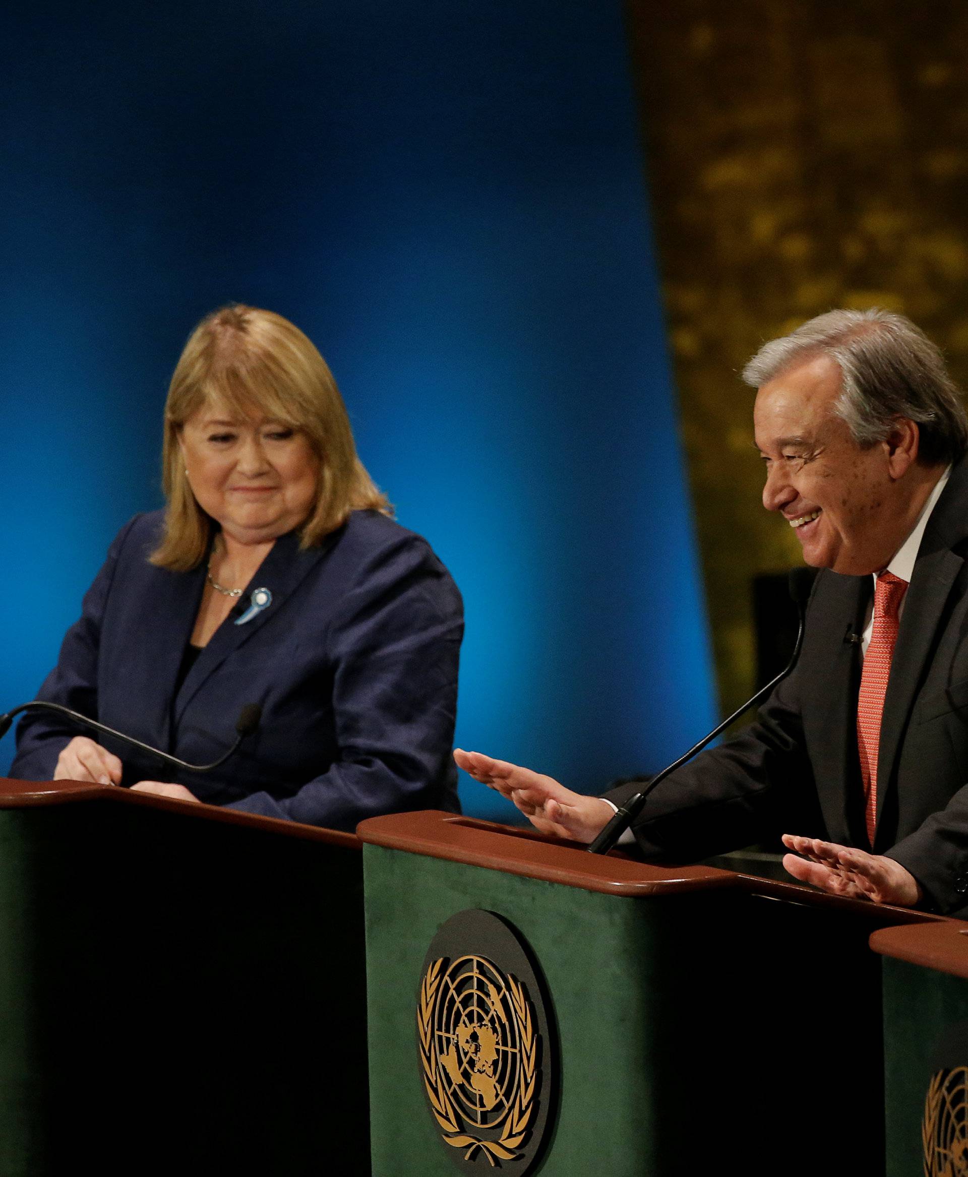 Former U.N. High Commissioner for Refugees Antonio Guterres speaks during a debate in the United Nations General Assembly between candidates vying to be the next U.N. Secretary General at U.N. headquarters in New York