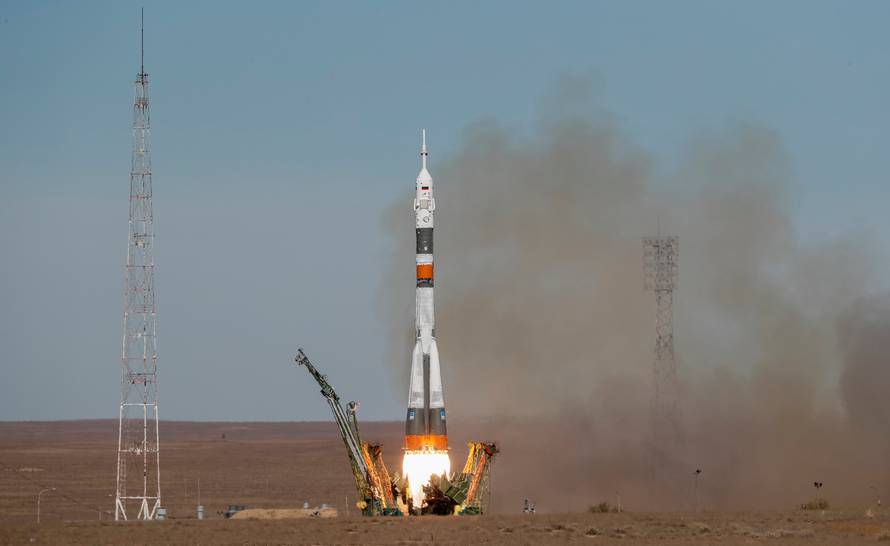 The Soyuz MS-10 spacecraft carrying the crew of astronaut Nick Hague of the U.S. and cosmonaut Alexey Ovchinin of Russia blasts off to the International Space Station (ISS) from the launchpad at the Baikonur Cosmodrome