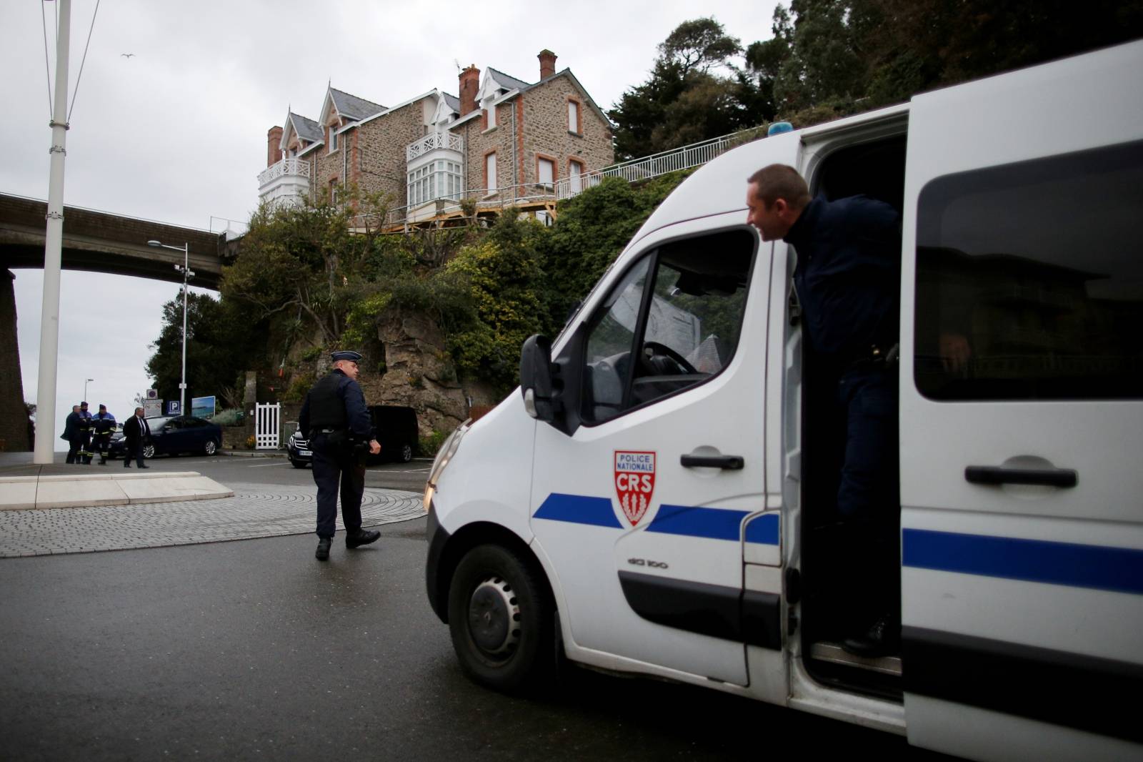 French CRS police patrol before the Foreign ministers of G7 nations meeting in Dinard