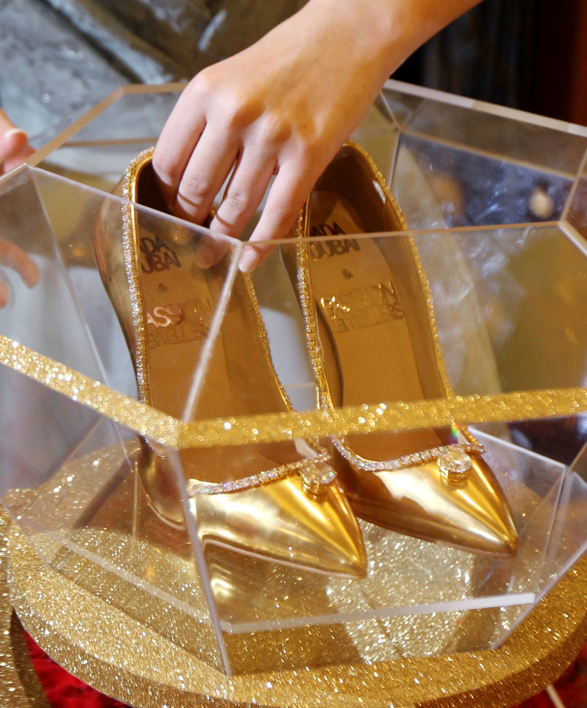 A $17 million USD pair of shoes is displayed at the Burj Al Arab Hotel in Dubai