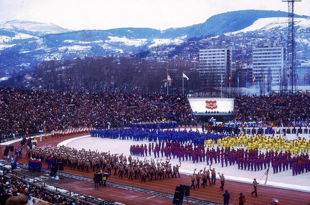Team USA marches in at the opening ceremonies at the 1984 Olympic Winter Games, ‎Sarajevo‎, Yugoslavia