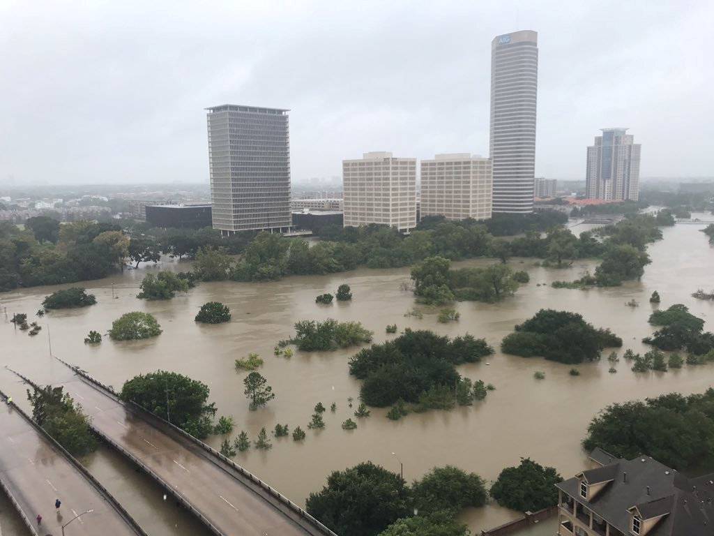 Flooded downtown is seen from a high rise along Buffalo Bayou after Hurricane Harvey inundated the Texas Gulf coast with rain causing widespread flooding, in Houston