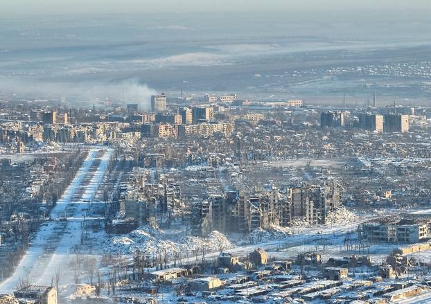 An aerial view shows destroyed buildings in Bakhmut