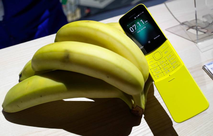 The new Nokia 8110 is displayed during the Mobile World Congress in Barcelona