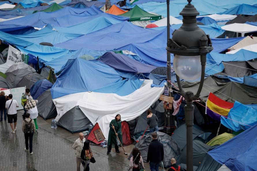Demonstrators camp in Puerta del Sol square in Madrid