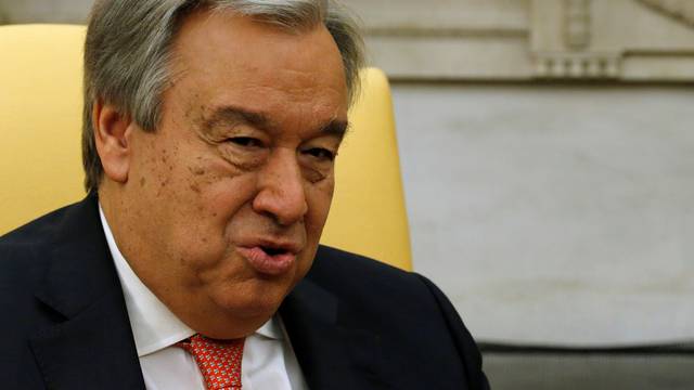 UN Secretary General Antonio Guterres delivers remarks to reporters before his meeting with U.S. President Donald Trump in the Oval Office at the White House in Washington