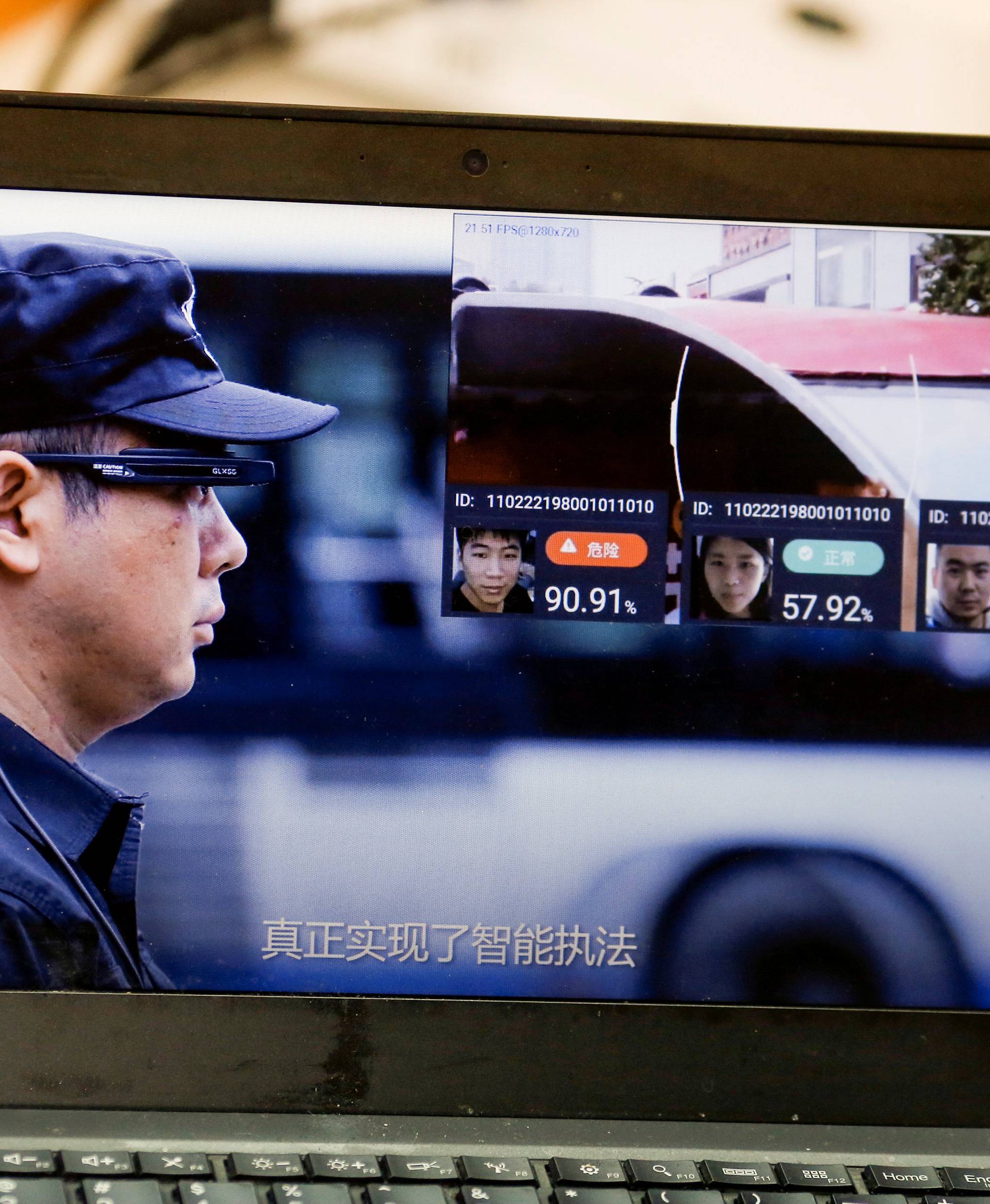 A promotion video shows an actor wearing LLVision facial recognition smart glasses during a demonstration at the company's office in Beijing