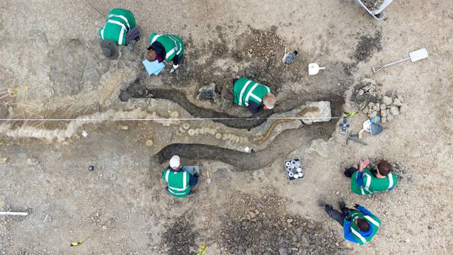 Palaeontologists work at a site where remains of a Britain's largest ichthyosaur were found, at Rutland Water