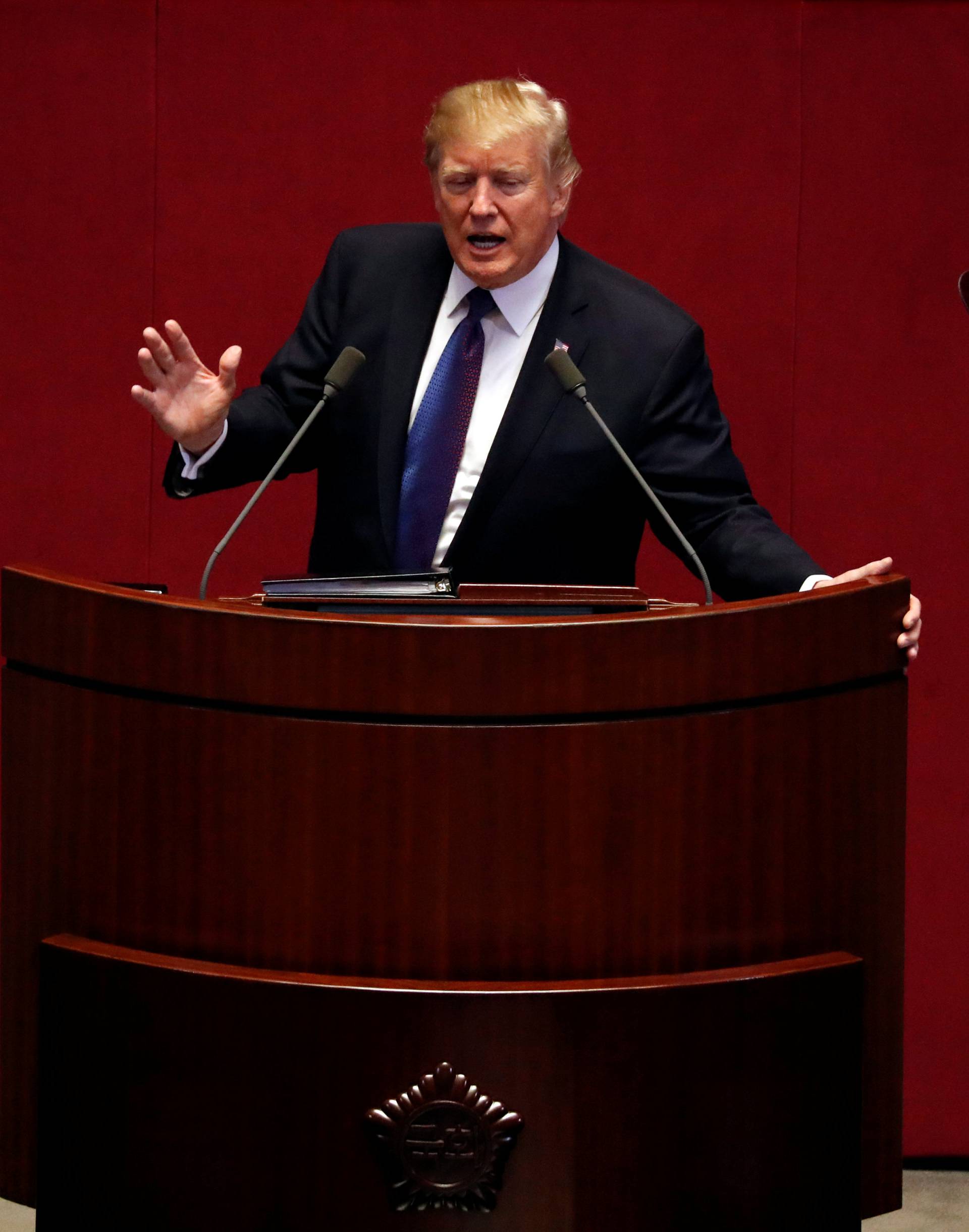 U.S. President Donald Trump speaks at the South Korean National Assembly in Seoul