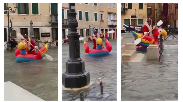 Novi prijevoz u Veneciji: Djed Božićnjak veslao na flamingu i privukao pažnju prolaznika