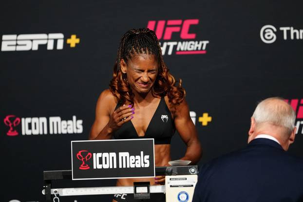 Las Vegas, Nv, United States. 08th Aug, 2025. LAS VEGAS, NV - AUG 8: Angela Hill steps on the scale for the official weigh-ins at UFC Apex for UFC Fight Night - Dolidze and Hernandez on August 8, 2025 in Las Vegas, NV, United States. (Photo by Louis Grass
