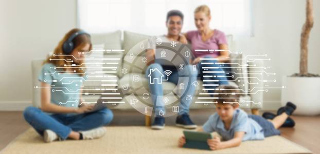 Family,Using,Smart,Home,Technology,And,Connected,Devices,,Surrounded,By