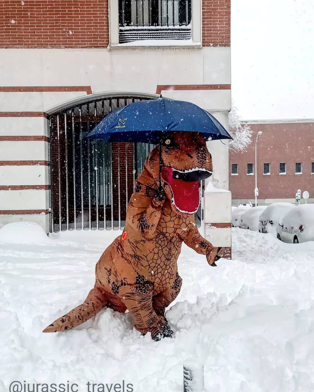 T-Rex protects itself from the falling snow in Madrid