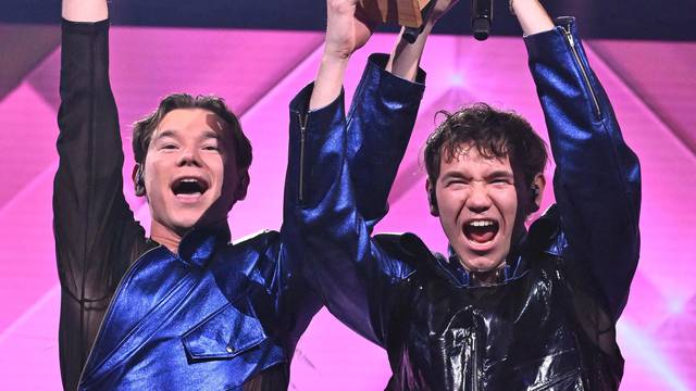 Marcus and Martinus celebrate winning the final of 'Melodifestivalen' at Friends Arena in Solna, Stockholm