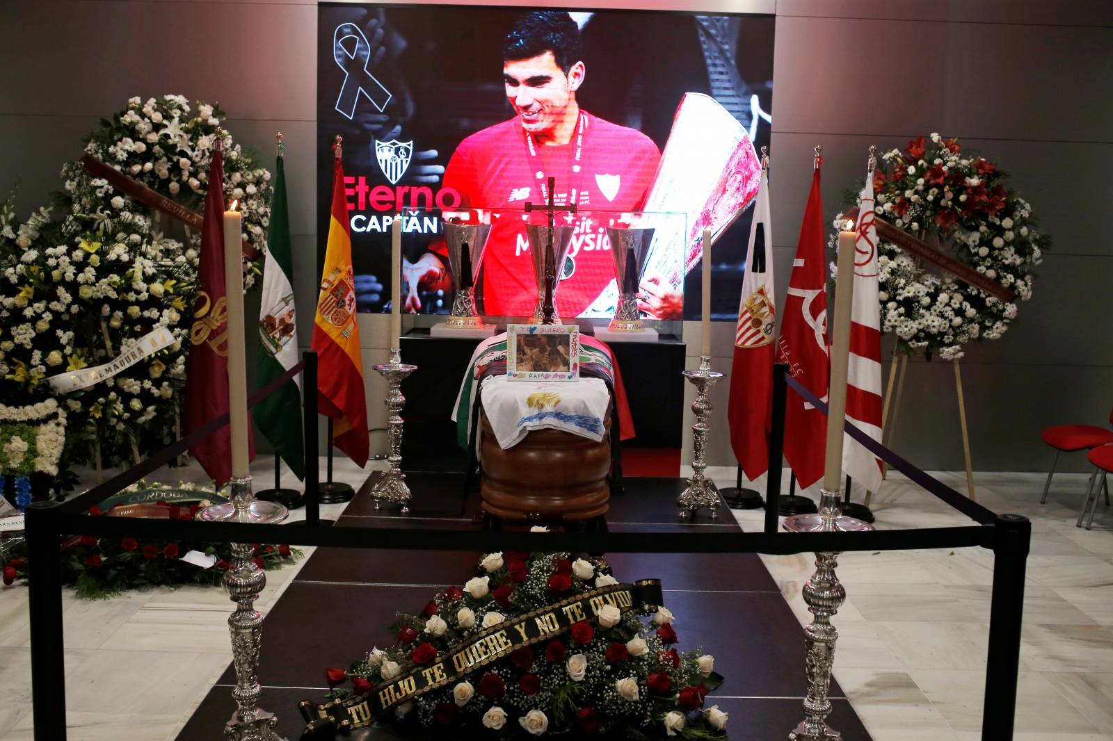 The coffin containing the body of Spanish footballer Spanish footballer Reyes is seen during his wake in Seville