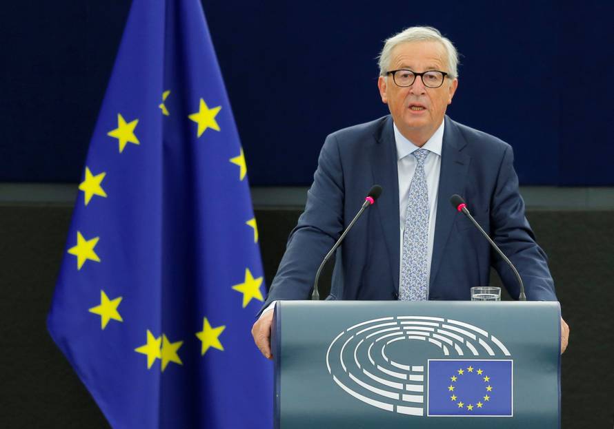 European Commission President Juncker delivers a speech during a debate on The State of the EU at the European Parliament in Strasbourg