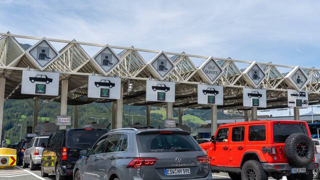 Brenner, highway, Austria - 8 August 2023: Vehicles and cars at the tollbooth of the Brenner freeway in Austria. Waiting