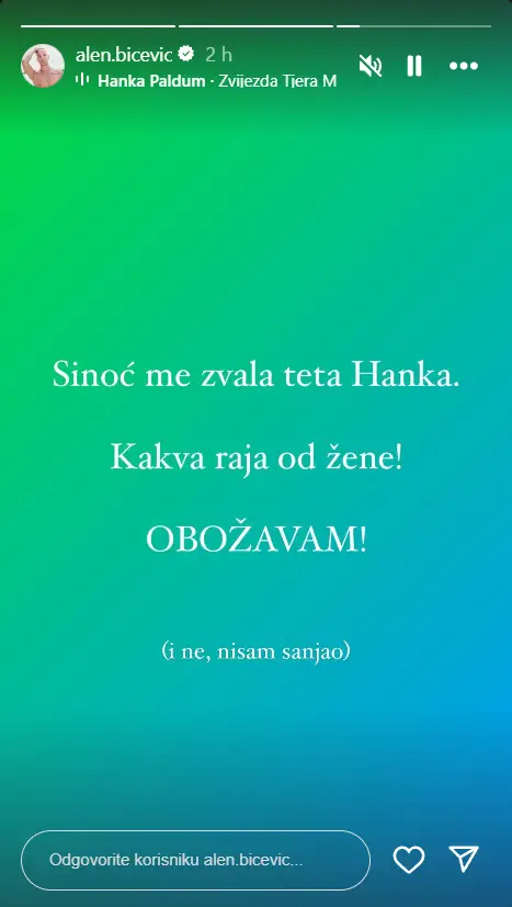 Alenu Bičeviću javila se Hanka Paldum nakon pobjede u 'TLZP': 'Ne, nisam sanjao! Obožavam'