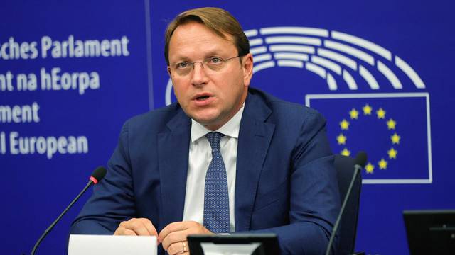 FILE PHOTO: European Commissioner for Neighbourhood and Enlargement Oliver Varhelyi attends a press conference on the enlargement package 2021 at the European Parliament in Strasbourg