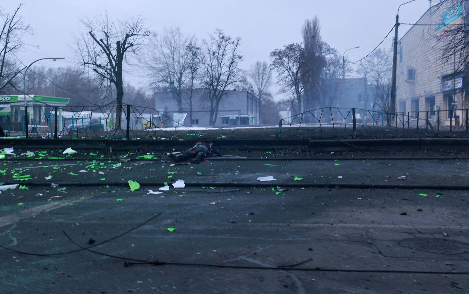 A view shows an area following an attack on a television tower in Kyiv