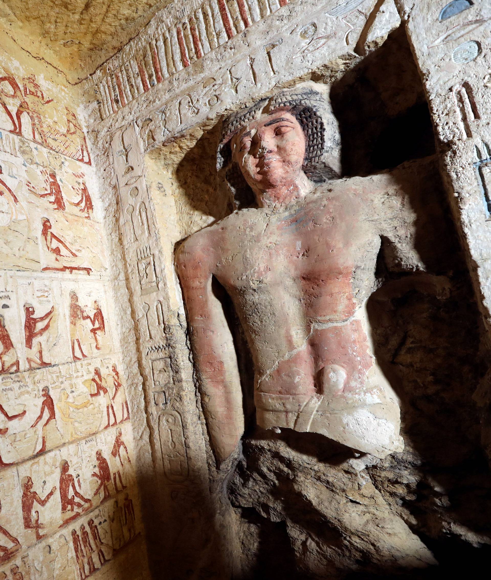 A statue is seen inside the newly-discovered tomb of 'Wahtye', which dates from the rule of King Neferirkare Kakai, at the Saqqara area near its necropolis, in Giza