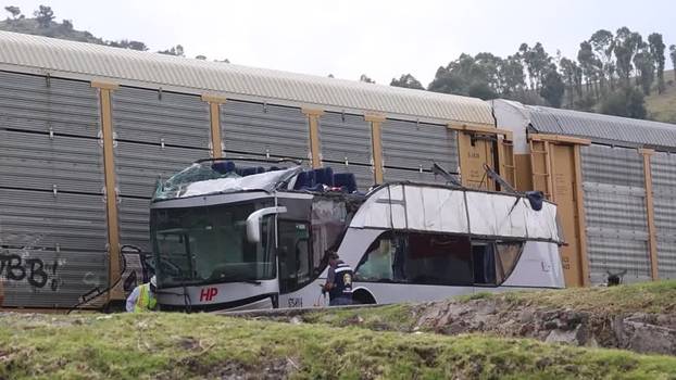 Debris from double-decker bus after it was hit by a train in Mexico