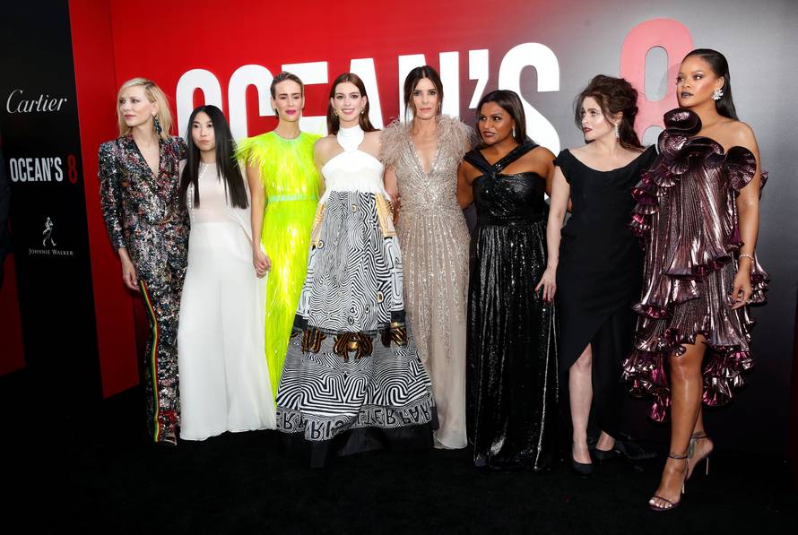 Cast members Blanchett, Awkwafina, Paulson, Hathaway, Bullock, Kaling, Bonham Carter and Rihanna pose at the world premiere of the film "Ocean's 8" at Alice Tully Hall in New York City