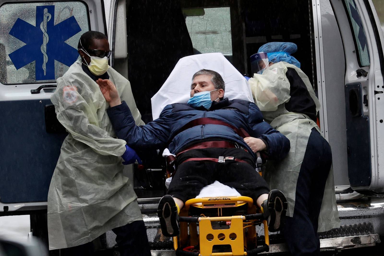 Patient is transported at Mount Sinai Hospital in Manhattan during outbreak of coronavirus disease (COVID-19) in New York
