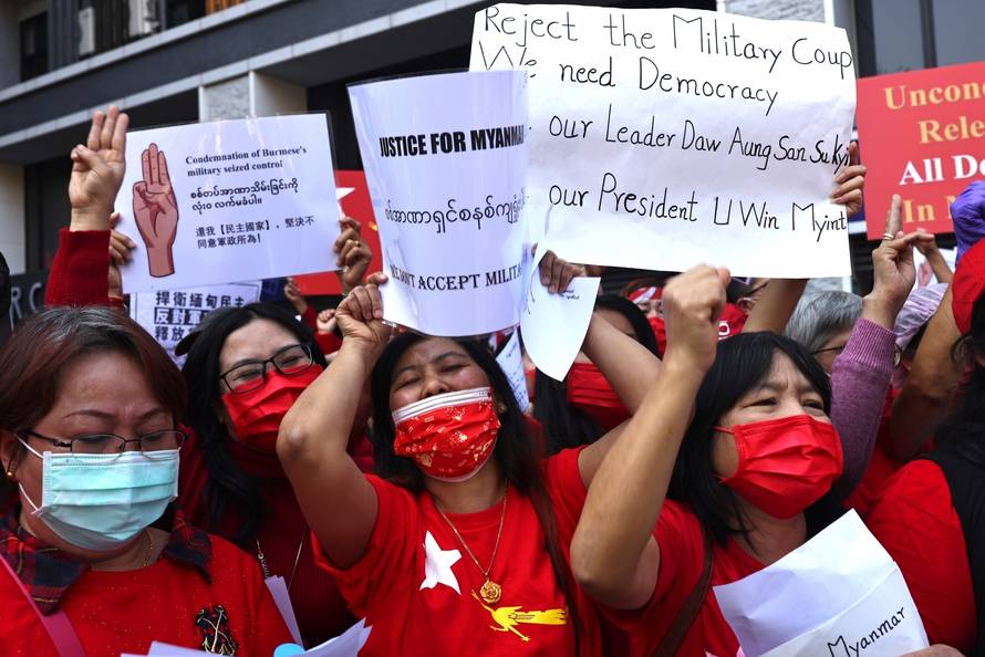 Members of the Burmese community in Taipei protest against the Myanmar military coup in Little Burma, home to many of Taiwan's Burmese immigrants, in Taipei