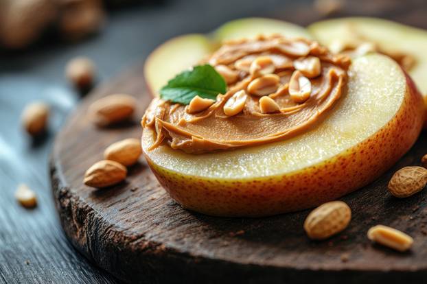 Sliced pear with peanut butter and peanuts topping on wooden cutting board