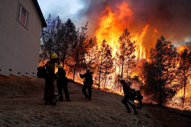 U.S. Forest Service firefighters monitor a back fire while battling to save homes at the Camp Fire in Paradise