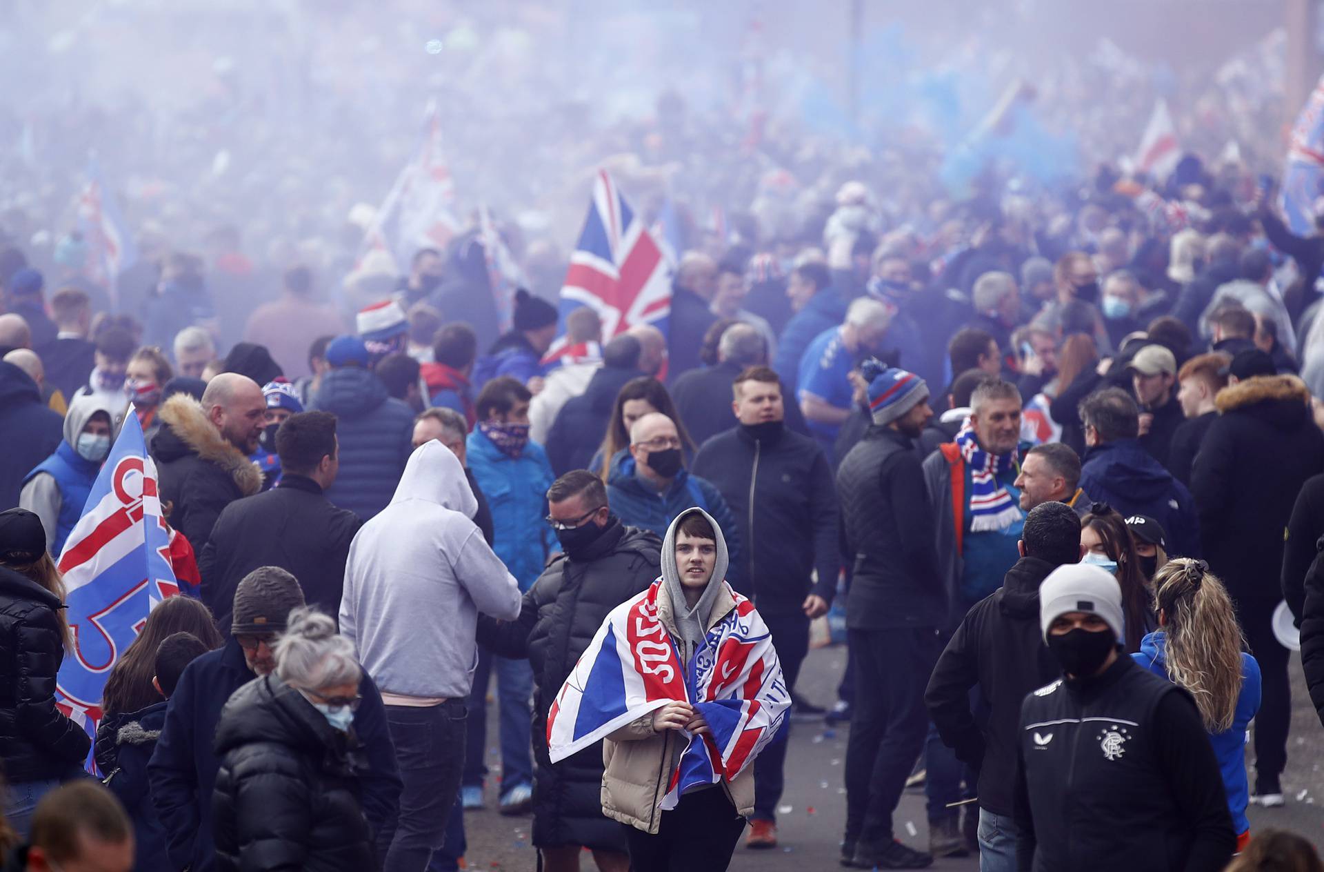 Rangers fans celebrate winning the Scottish Premiership Title