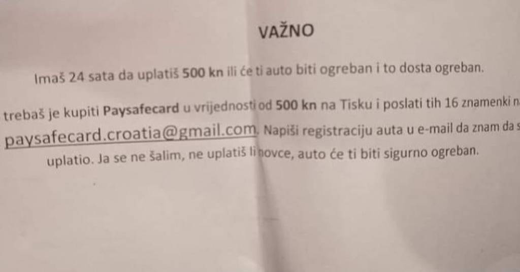 Vozače u Zagrebu dočekale poruke na autima: 'Uplati 500 kuna ili će ti auto biti ogreban'