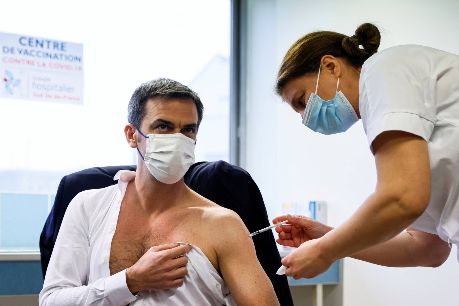 French Health Minister Veran receives a dose of the AstraZeneca-Oxford COVID-19 vaccine, in Melun