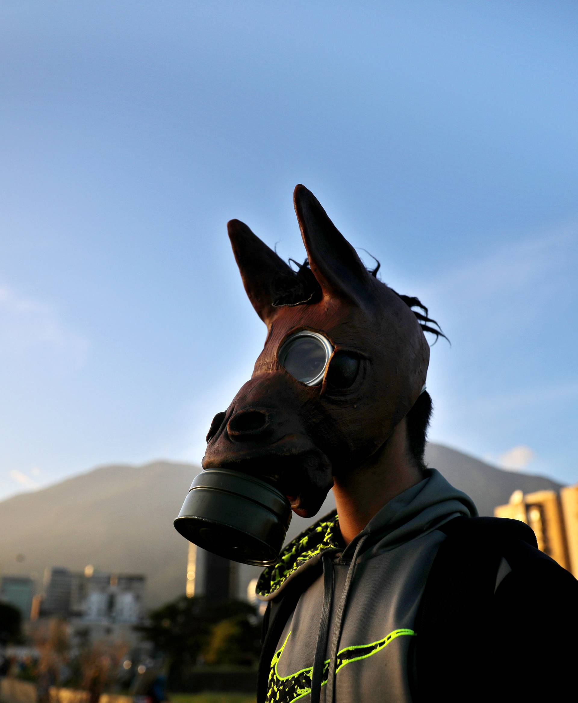 A protester stands wears a horse mask over a tear gas mask during clashes with riot security forces while rallying against President Nicolas Maduro in Caracas