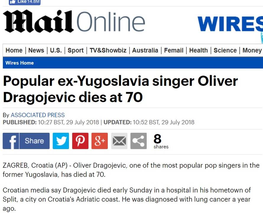 I svjetski mediji prenose vijest o smrti Olivera Dragojevića...