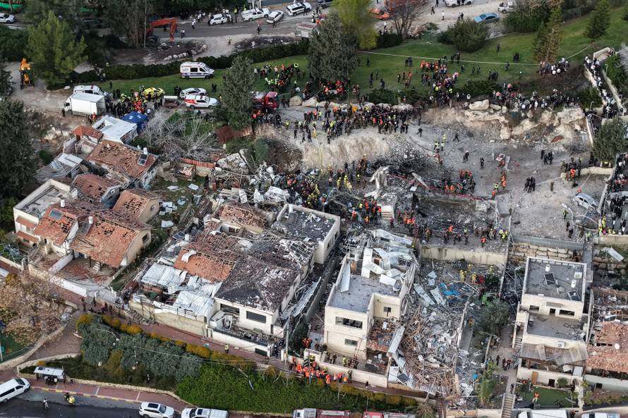 A drone view of the scene of a fatal Iranian strike, after Iran launched missile barrages following attacks by the U.S. and Israel on Saturday, in Beit Shemesh