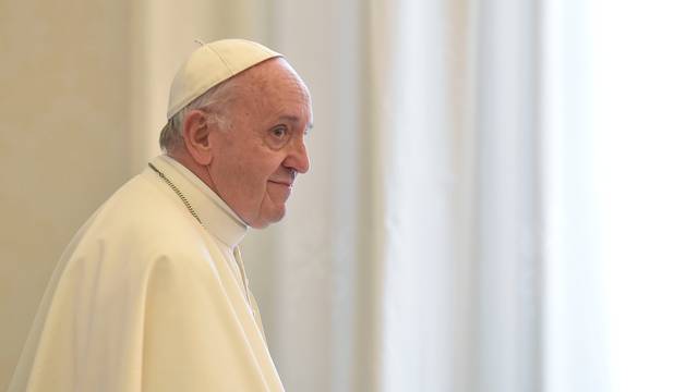 Pope Francis looks on during a private audience with President of Ecuador Lenin Moreno at the Vatican