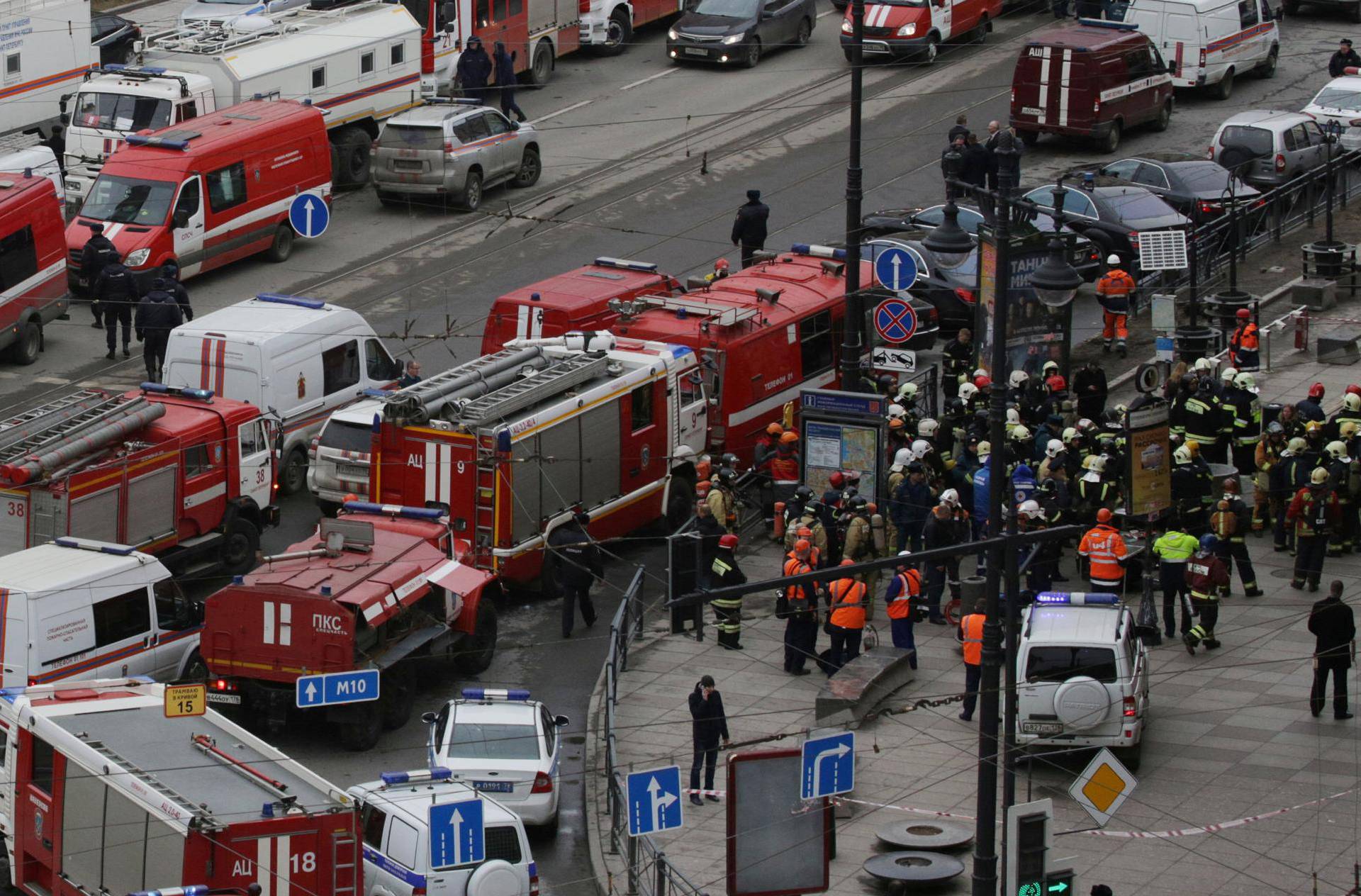 General view of emergency services attending the scene outside Sennaya Ploshchad metro station, following explosions in two train carriages in St. Petersburg