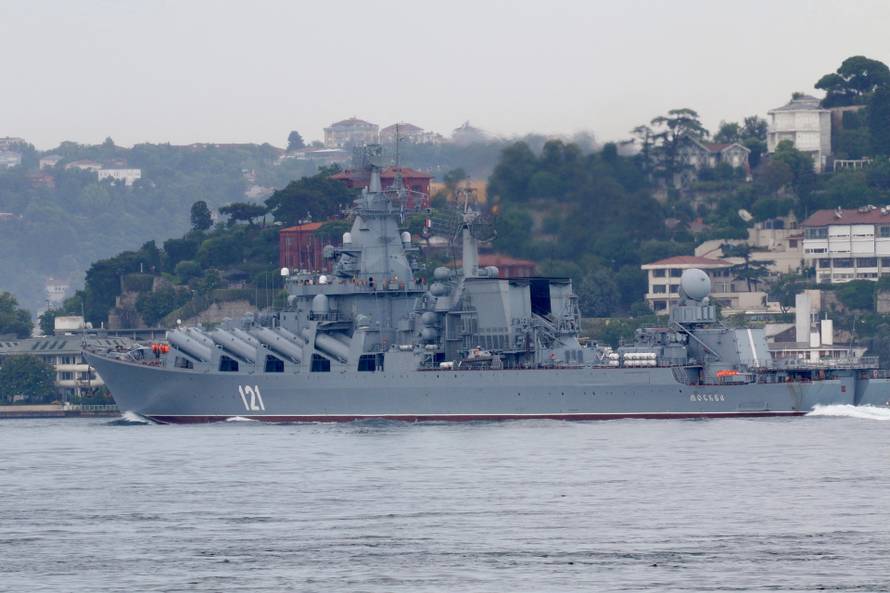 The Russian Navy's guided missile cruiser Moskva sails in Istanbul's Bosphorus